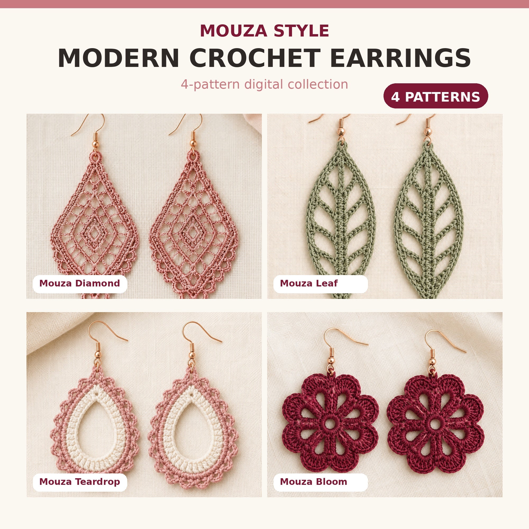 Modern Crochet Earrings – 4 PDF Patterns