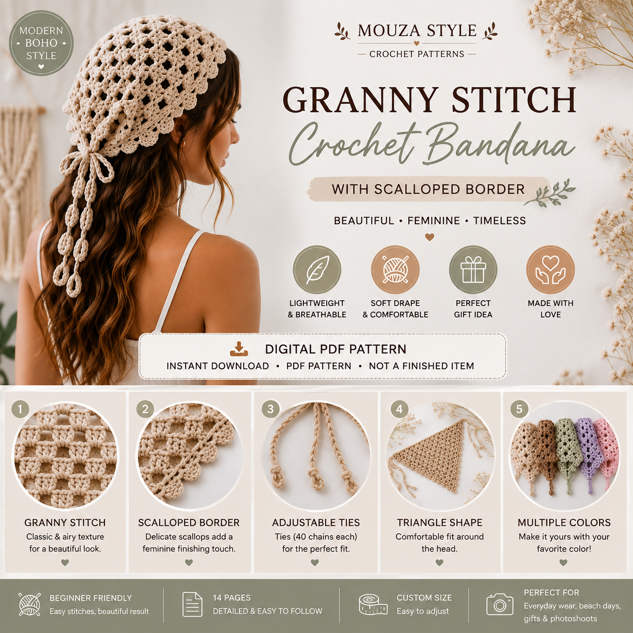 Crochet Bandana Pattern PDF, Granny Stitch Hair Scarf, Scalloped Edge Head Scarf, Easy Beginner Crochet Pattern