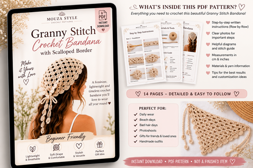Crochet Bandana Pattern PDF, Granny Stitch Hair Scarf, Scalloped Edge Head Scarf, Easy Beginner Crochet Pattern