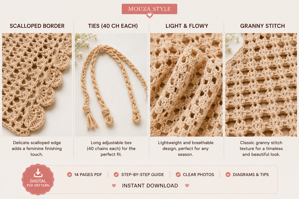 Crochet Bandana Pattern PDF, Granny Stitch Hair Scarf, Scalloped Edge Head Scarf, Easy Beginner Crochet Pattern