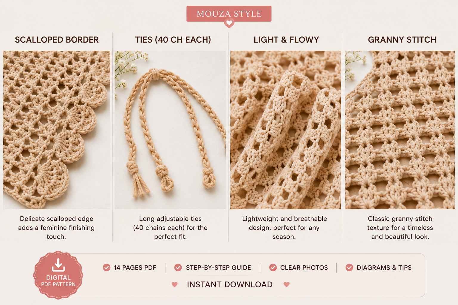 Crochet Bandana Pattern PDF, Granny Stitch Hair Scarf, Scalloped Edge Head Scarf, Easy Beginner Crochet Pattern