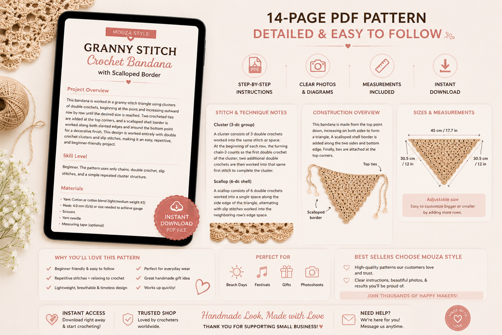 Crochet Bandana Pattern PDF, Granny Stitch Hair Scarf, Scalloped Edge Head Scarf, Easy Beginner Crochet Pattern