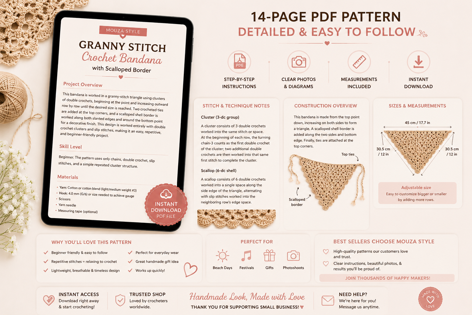 Crochet Bandana Pattern PDF, Granny Stitch Hair Scarf, Scalloped Edge Head Scarf, Easy Beginner Crochet Pattern