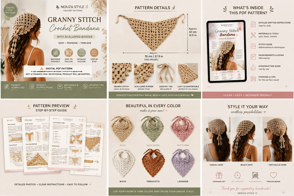 Crochet Bandana Pattern PDF, Granny Stitch Hair Scarf, Scalloped Edge Head Scarf, Easy Beginner Crochet Pattern