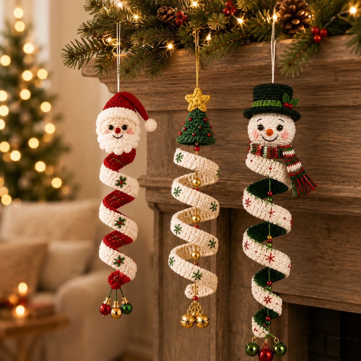 Christmas Spiral Ornaments Crochet Pattern Bundle – Santa, Tree & Snowman PDF