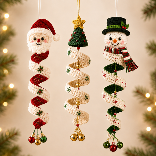 Christmas Spiral Ornaments Crochet Pattern Bundle – Santa, Tree & Snowman PDF