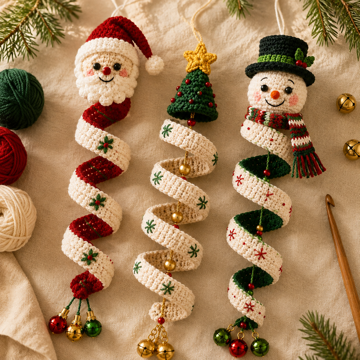 Christmas Spiral Ornaments Crochet Pattern Bundle – Santa, Tree & Snowman PDF