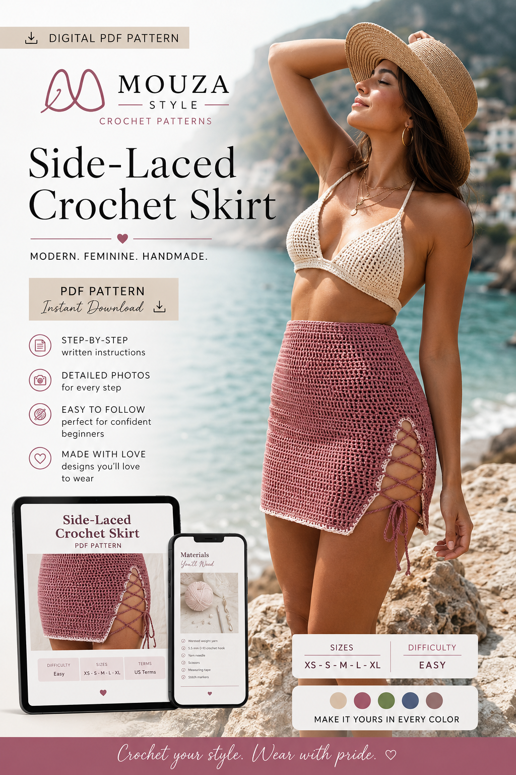 Side-Laced Crochet Skirt Pattern PDF – Adjustable Women’s Mini Skirt