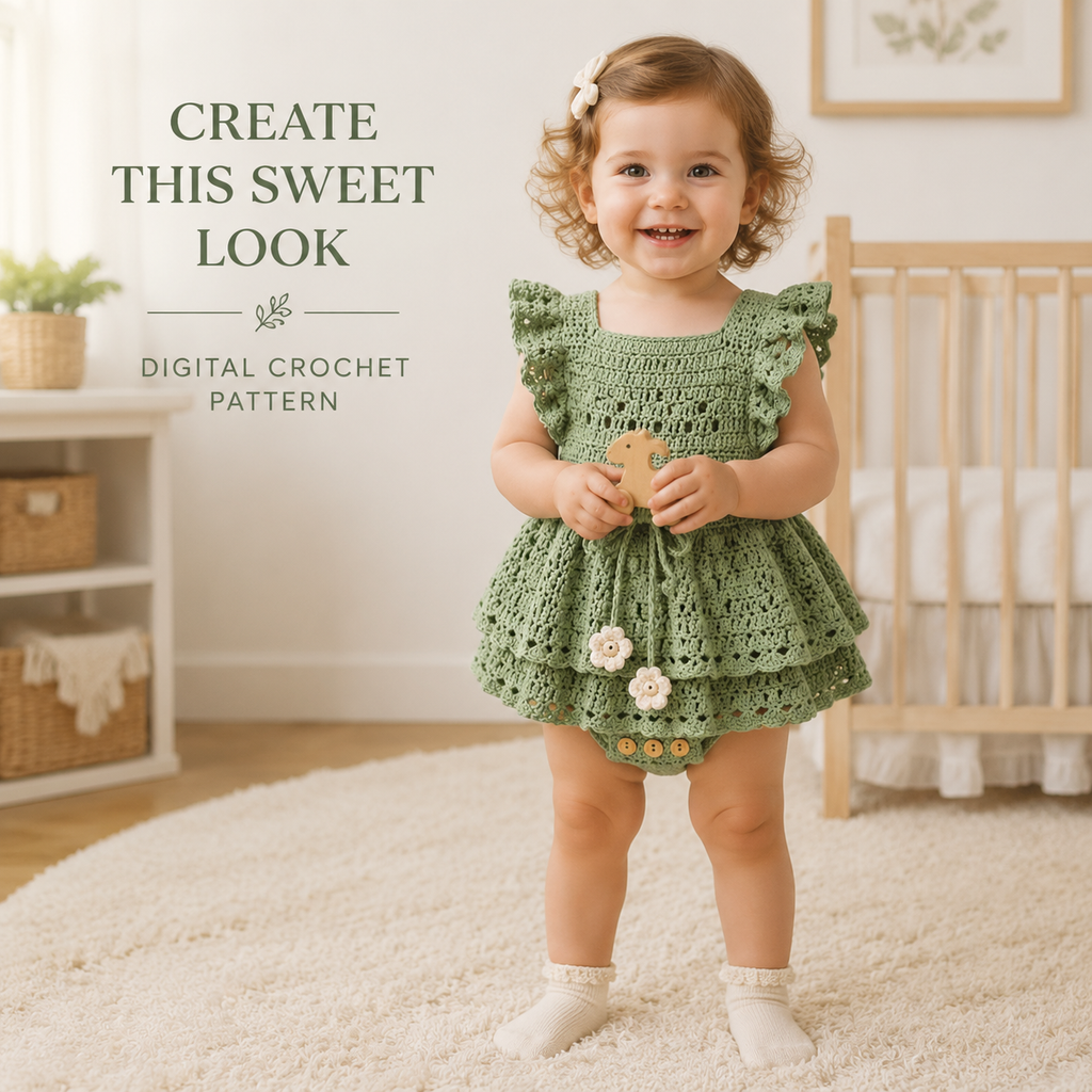 Sage Blossom Baby Romper Crochet Pattern PDF, Baby Dress with Lace Ruffles, Digital Download, 5 Sizes 0–24 Months