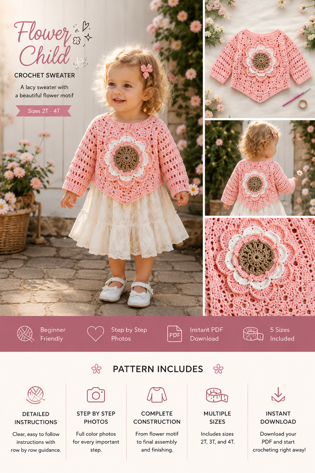 Flower Child Crochet Sweater Pattern PDF – Toddler Cardigan with 3D Flower, Step-by-Step Photo Tutorial