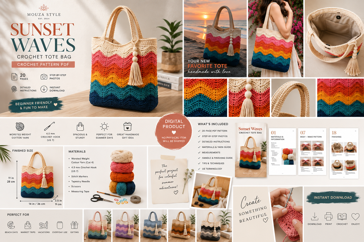 SSunset Waves Crochet Tote Bag Pattern PDF – Colorful Boho Market Bag, Summer Beach Bag Crochet Pattern, Instant Digital Download