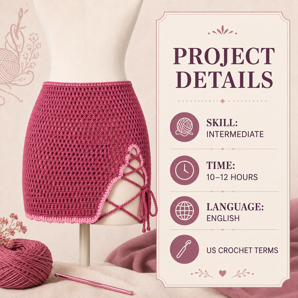 Side-Laced Crochet Skirt Pattern PDF – Adjustable Women’s Mini Skirt
