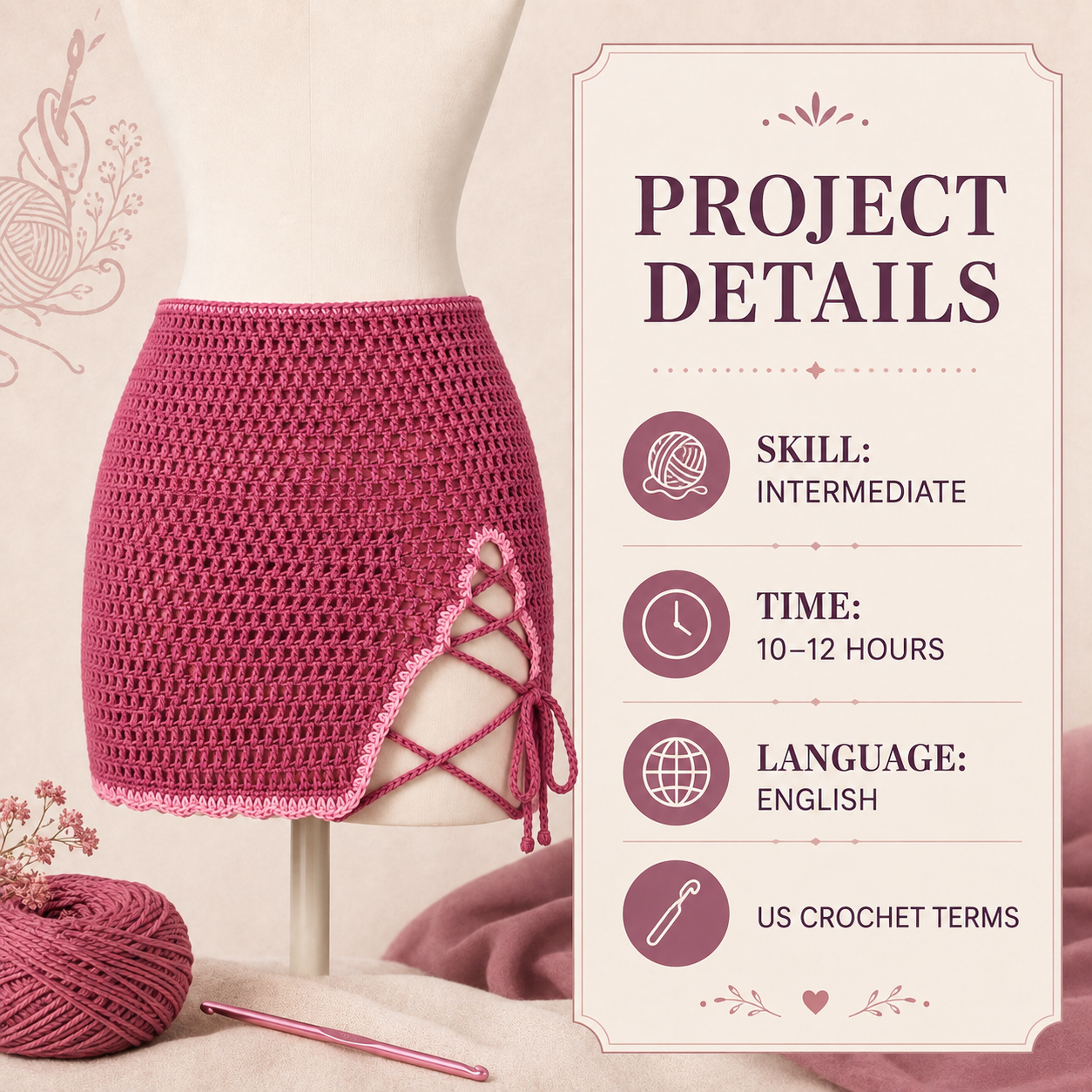 Side-Laced Crochet Skirt Pattern PDF – Adjustable Women’s Mini Skirt