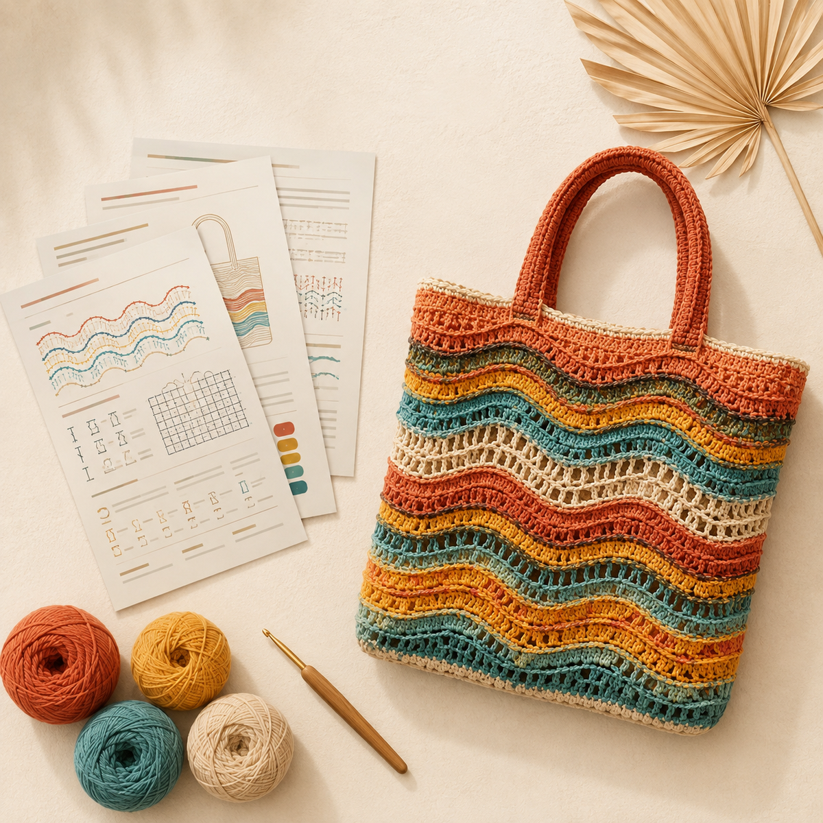 SSunset Waves Crochet Tote Bag Pattern PDF – Colorful Boho Market Bag, Summer Beach Bag Crochet Pattern, Instant Digital Download