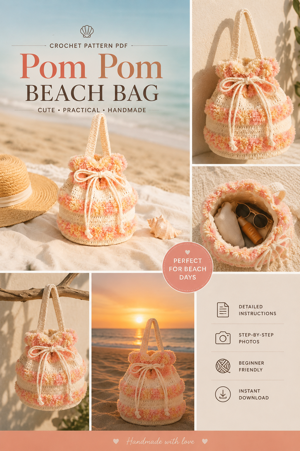 Flower Drawstring Bucket Bag Crochet Pattern PDF