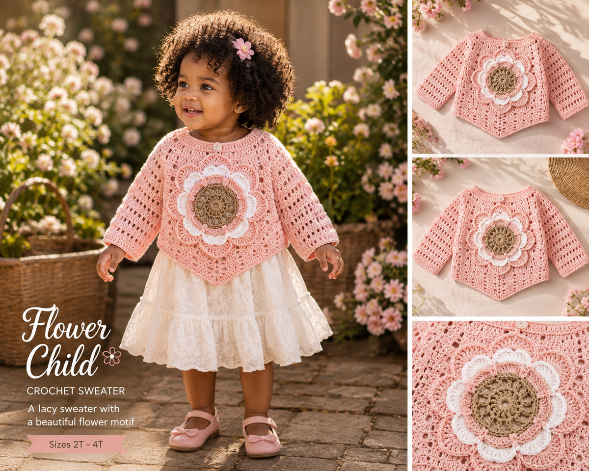 Flower Child Crochet Sweater Pattern PDF – Toddler Cardigan with 3D Flower, Step-by-Step Photo Tutorial