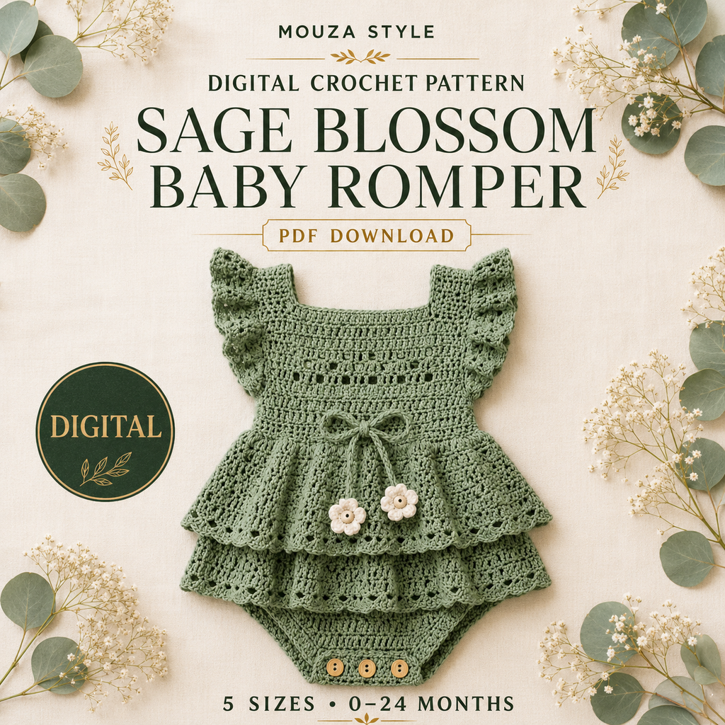 Sage Blossom Baby Romper Crochet Pattern PDF, Baby Dress with Lace Ruffles, Digital Download, 5 Sizes 0–24 Months
