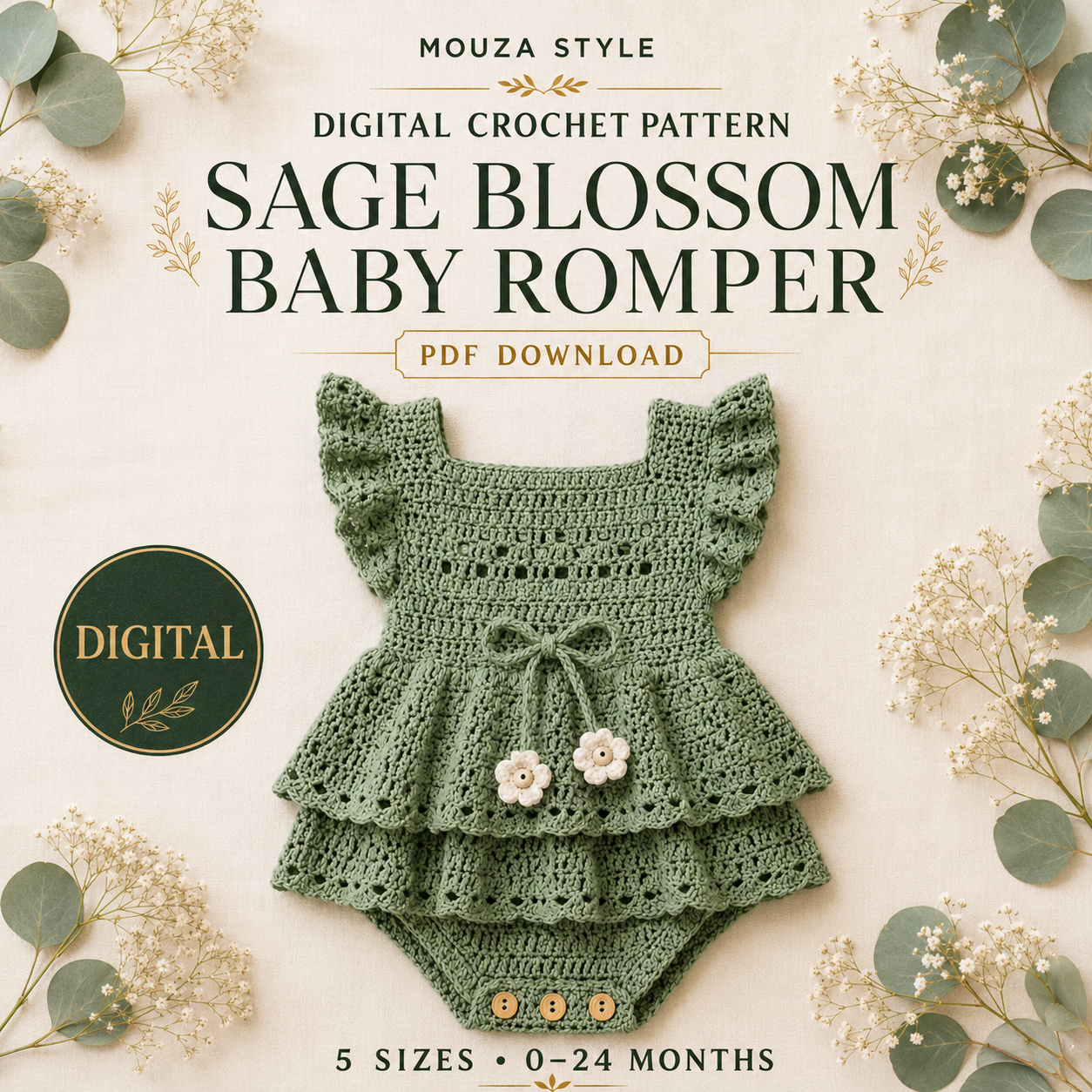 Sage Blossom Baby Romper Crochet Pattern PDF, Baby Dress with Lace Ruffles, Digital Download, 5 Sizes 0–24 Months