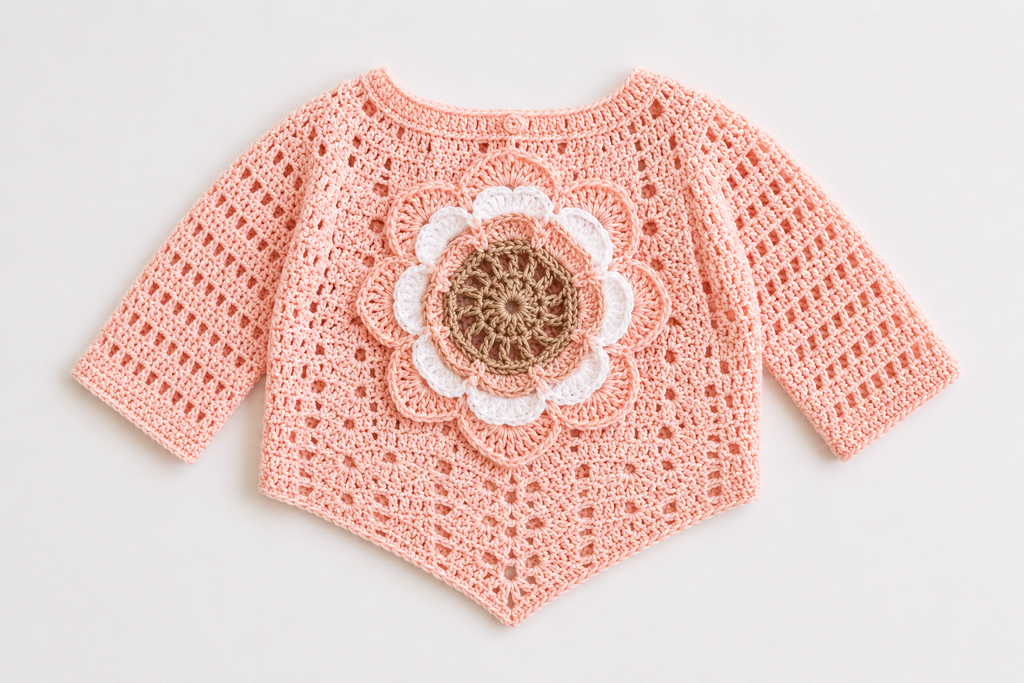 Flower Child Crochet Sweater Pattern PDF – Toddler Cardigan with 3D Flower, Step-by-Step Photo Tutorial