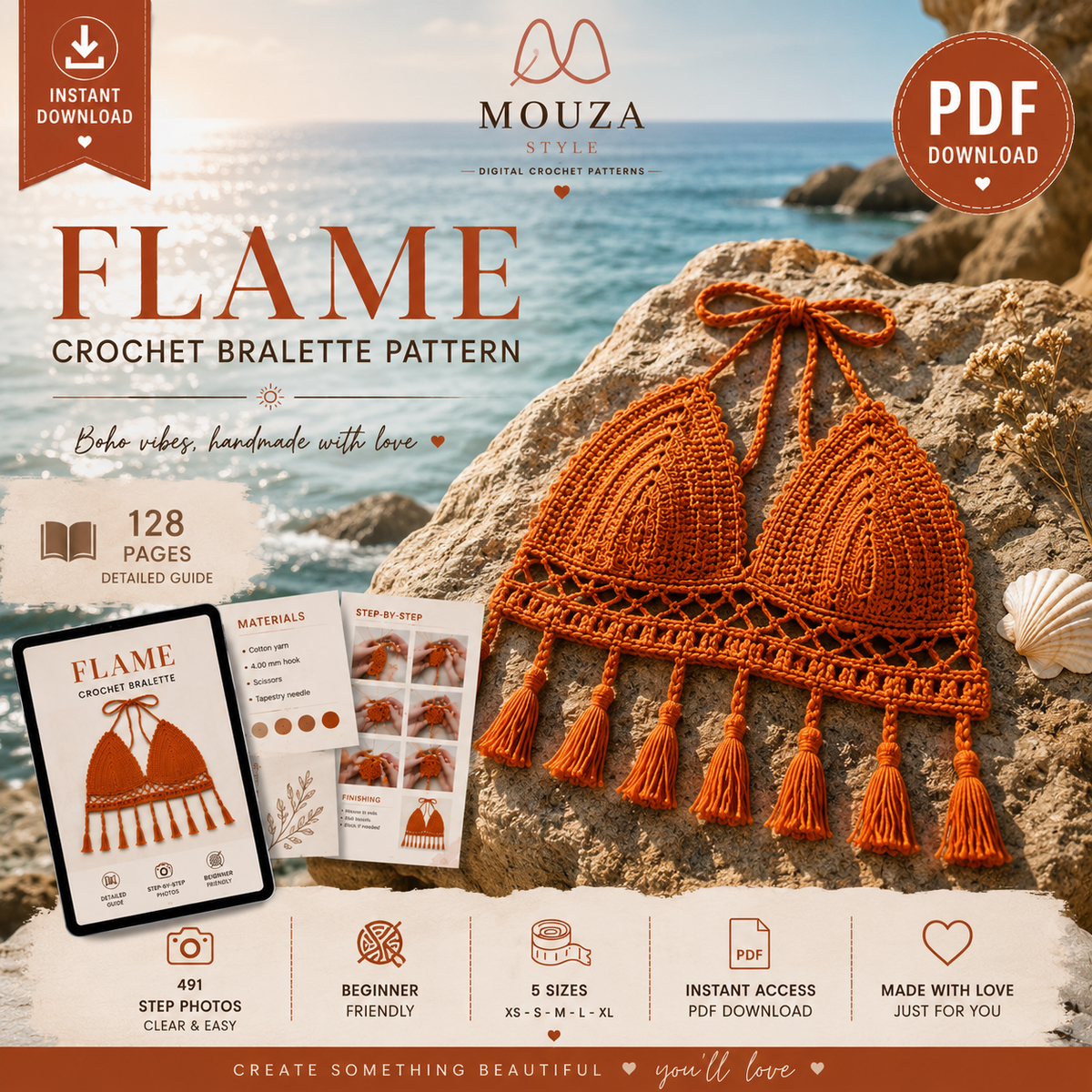 Flame Crochet Bralette Pattern – 128-Page Step-by-Step PDF
