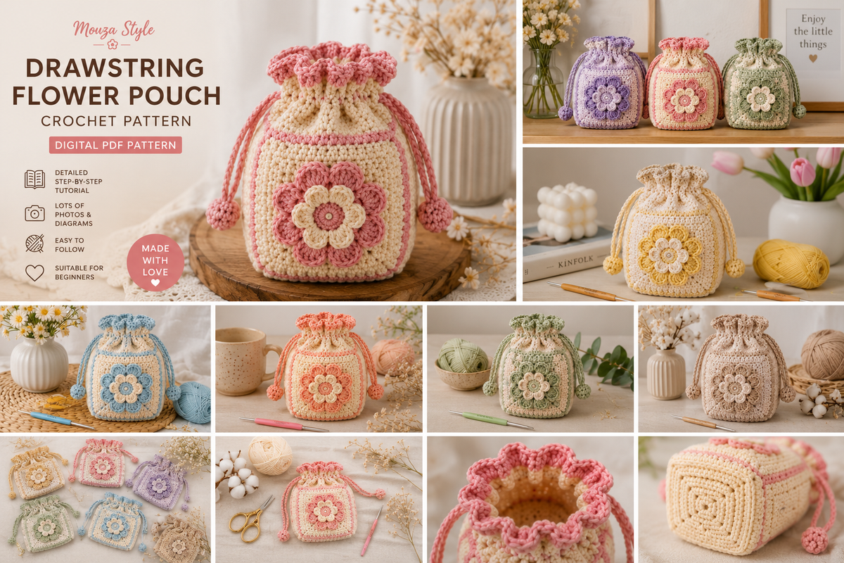 Drawstring Flower Pouch Crochet Pattern PDF, Floral Crochet Bag Pattern, Cute Granny Square Pouch, Beginner Crochet Pattern, Digital Download