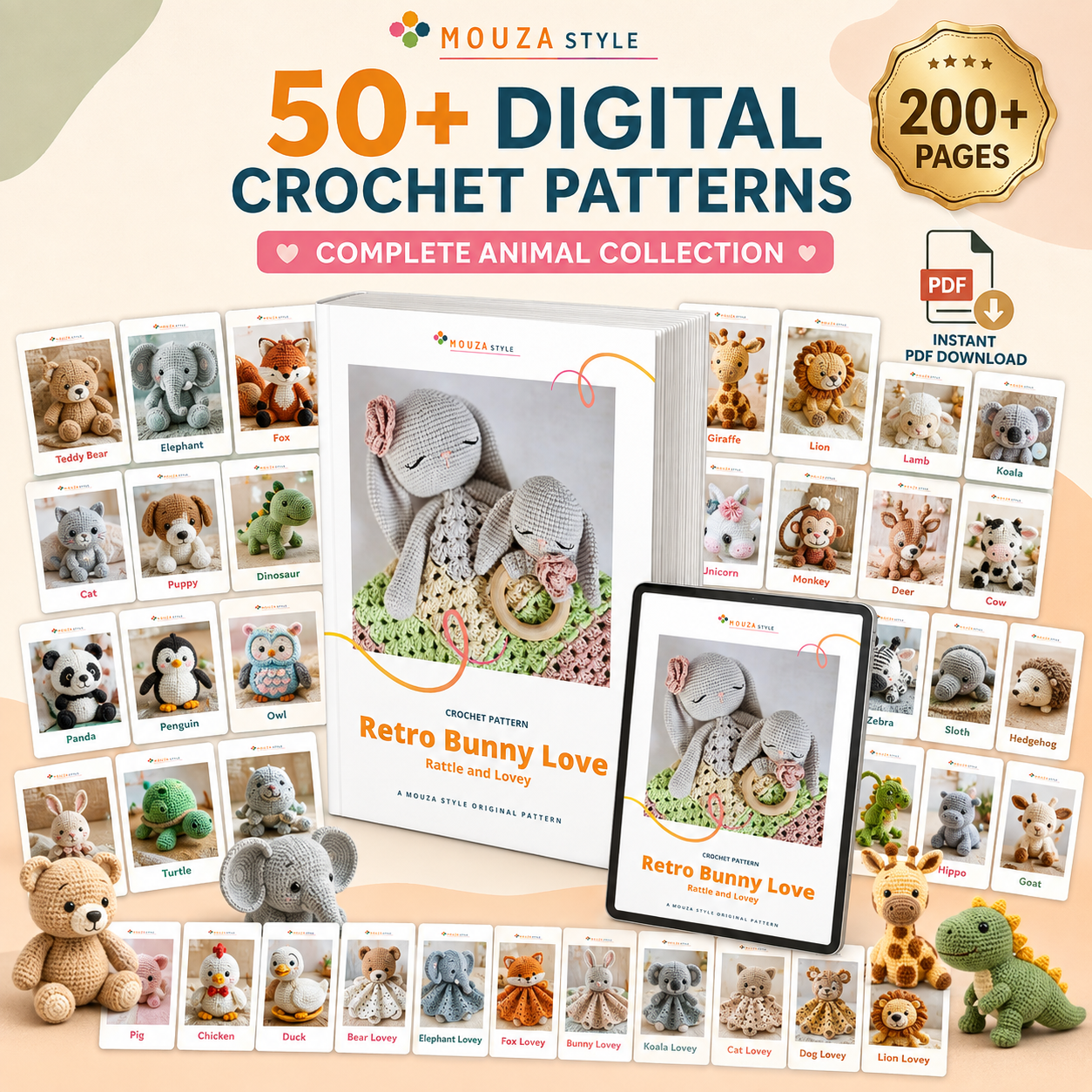 50 Animal Crochet Patterns Bundle PDF – 100-Page Amigurumi Collection, Bunny Lovey & Rattle, Instant Digital Download