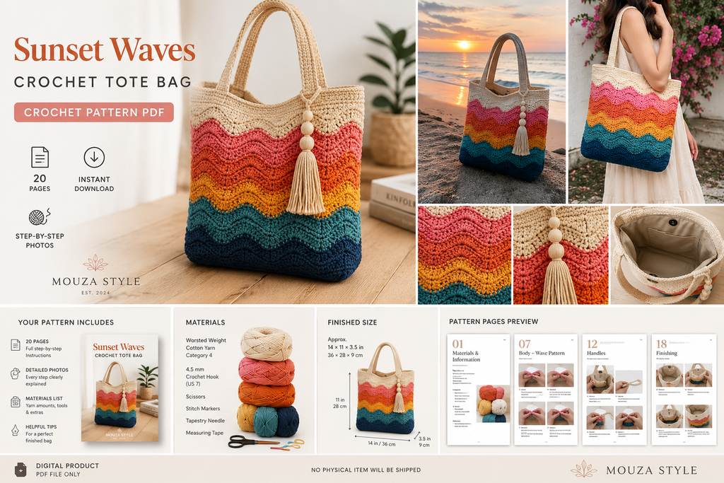 SSunset Waves Crochet Tote Bag Pattern PDF – Colorful Boho Market Bag, Summer Beach Bag Crochet Pattern, Instant Digital Download