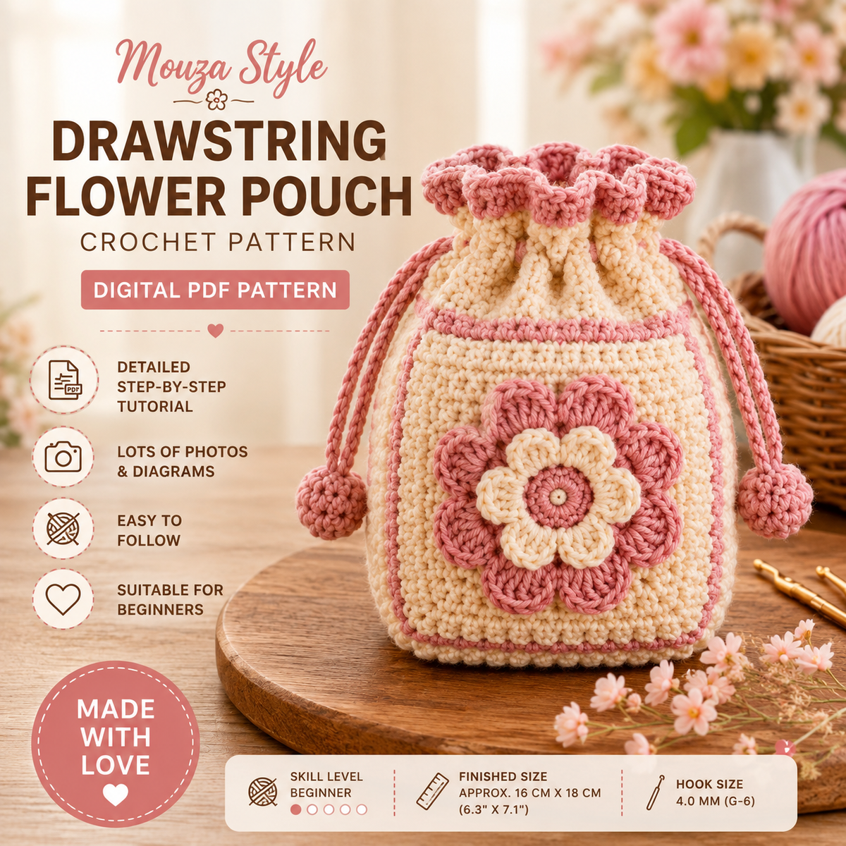 Drawstring Flower Pouch Crochet Pattern PDF, Floral Crochet Bag Pattern, Cute Granny Square Pouch, Beginner Crochet Pattern, Digital Download