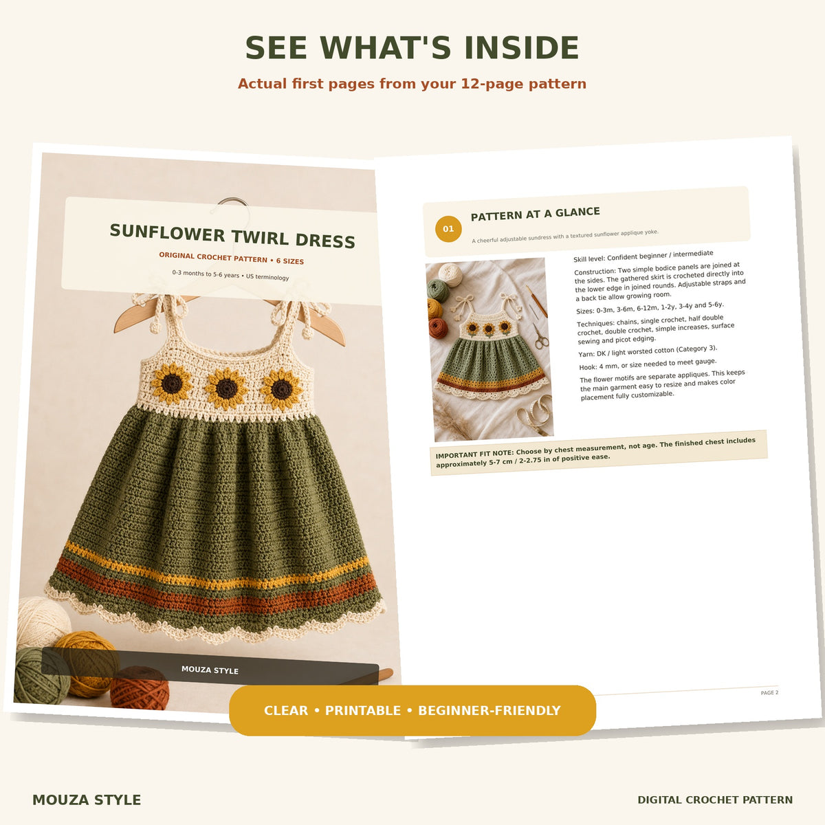 Sunflower Crochet Dress Pattern PDF, Baby & Toddler Summer Dress, 6 Sizes, Instant Digital Download