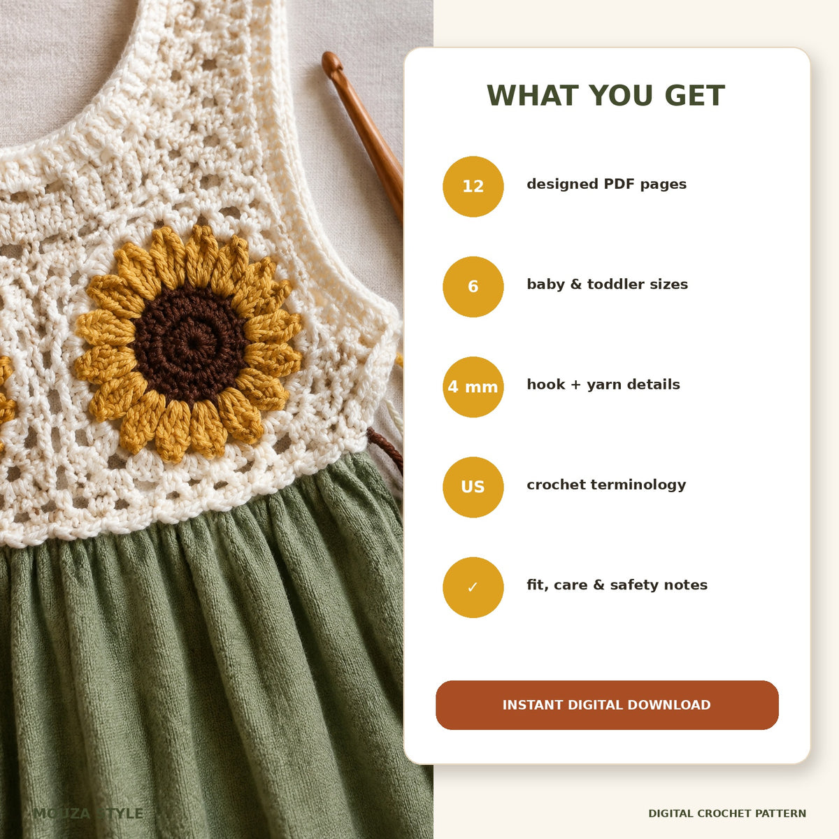 Sunflower Crochet Dress Pattern PDF, Baby & Toddler Summer Dress, 6 Sizes, Instant Digital Download