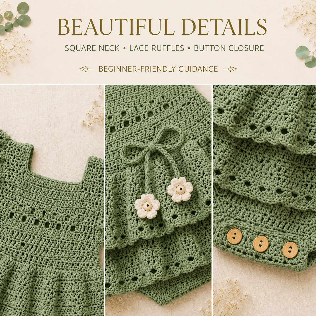 Sage Blossom Baby Romper Crochet Pattern PDF, Baby Dress with Lace Ruffles, Digital Download, 5 Sizes 0–24 Months