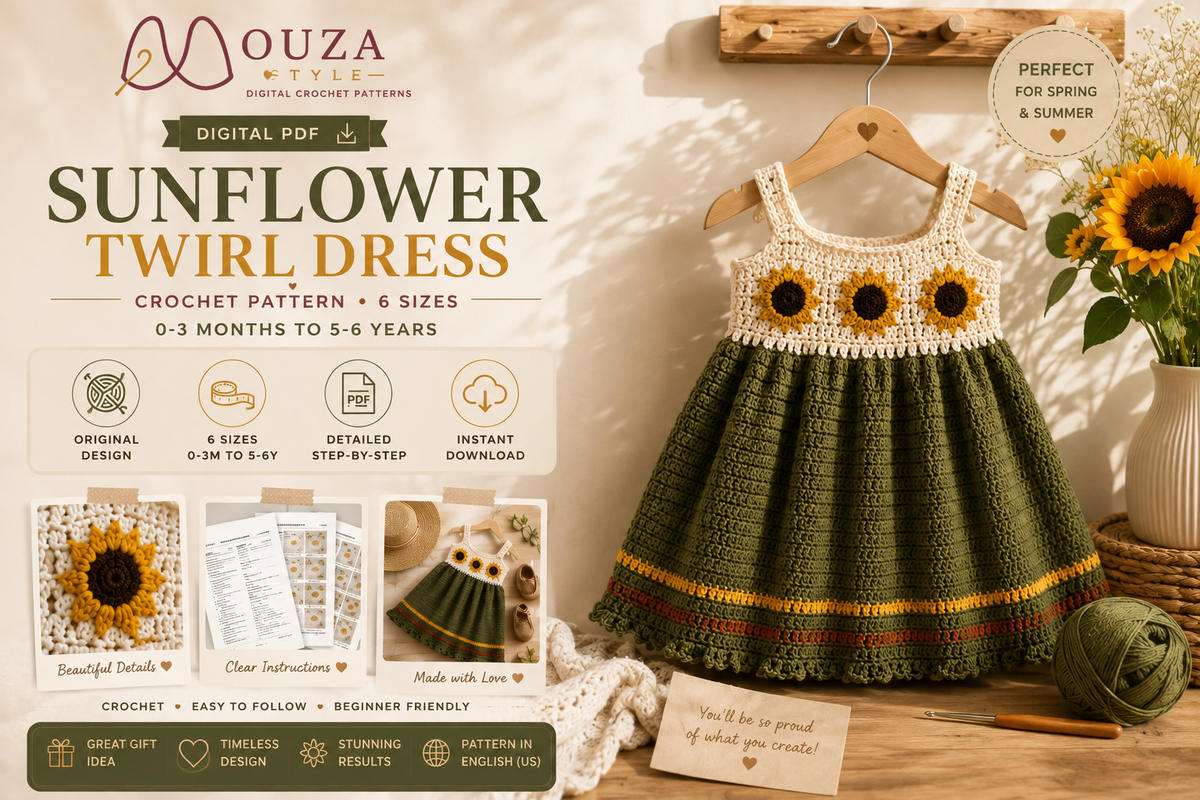 Sunflower Crochet Dress Pattern PDF, Baby & Toddler Summer Dress, 6 Sizes, Instant Digital Download