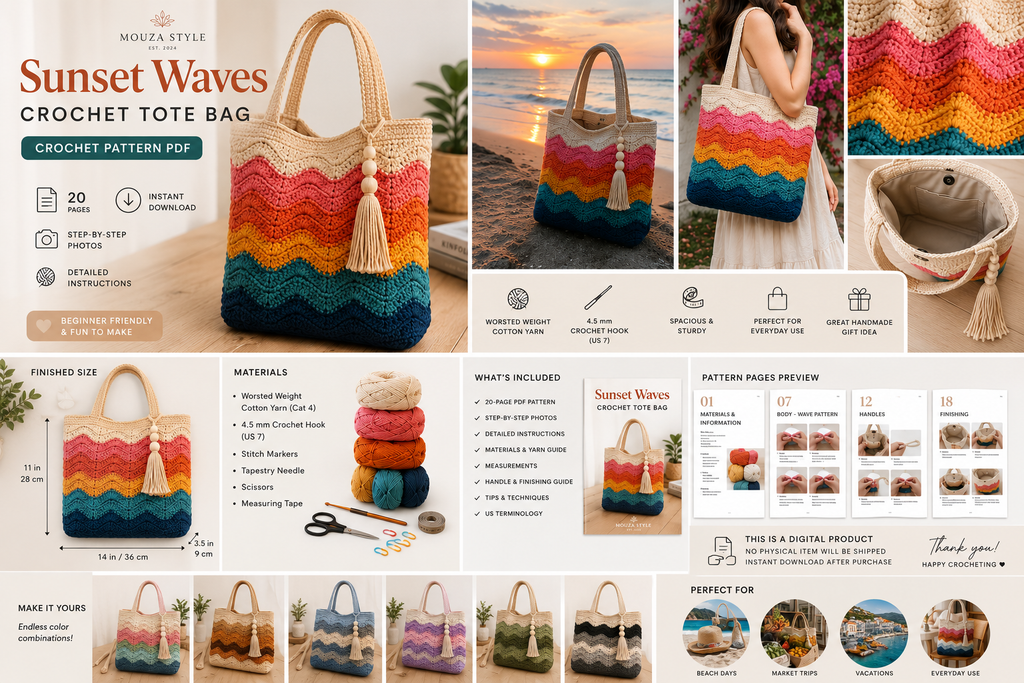 SSunset Waves Crochet Tote Bag Pattern PDF – Colorful Boho Market Bag, Summer Beach Bag Crochet Pattern, Instant Digital Download