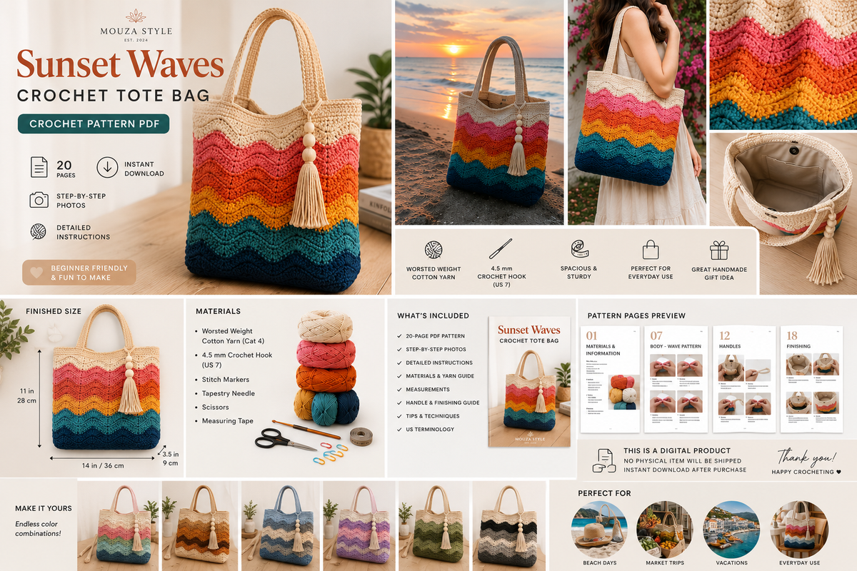 SSunset Waves Crochet Tote Bag Pattern PDF – Colorful Boho Market Bag, Summer Beach Bag Crochet Pattern, Instant Digital Download
