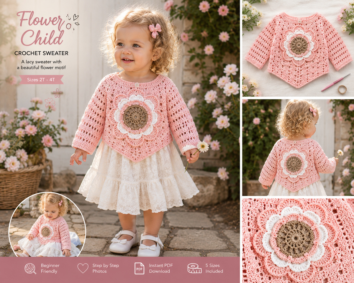 Flower Child Crochet Sweater Pattern PDF – Toddler Cardigan with 3D Flower, Step-by-Step Photo Tutorial