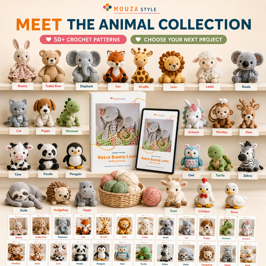 50 Animal Crochet Patterns Bundle PDF – 100-Page Amigurumi Collection, Bunny Lovey & Rattle, Instant Digital Download