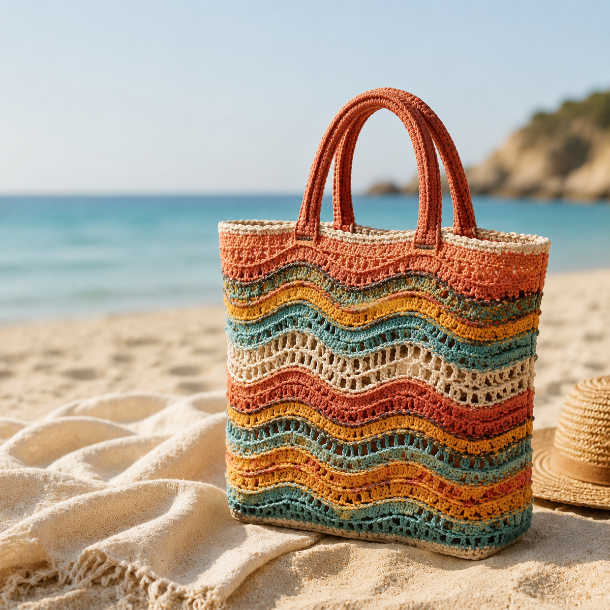SSunset Waves Crochet Tote Bag Pattern PDF – Colorful Boho Market Bag, Summer Beach Bag Crochet Pattern, Instant Digital Download