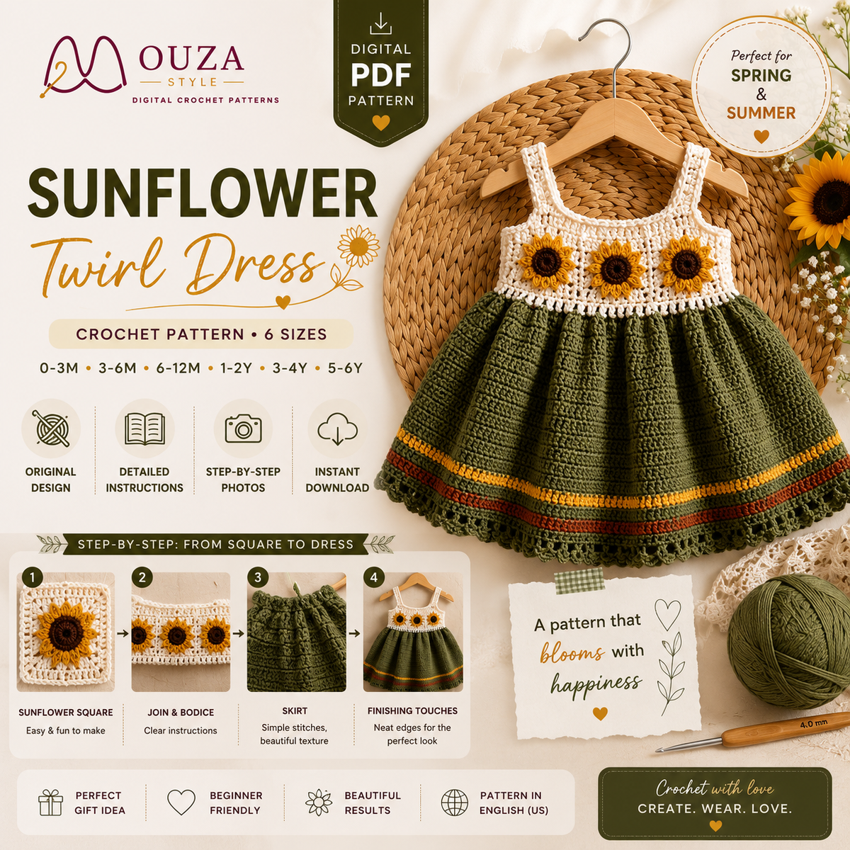 Sunflower Crochet Dress Pattern PDF, Baby & Toddler Summer Dress, 6 Sizes, Instant Digital Download
