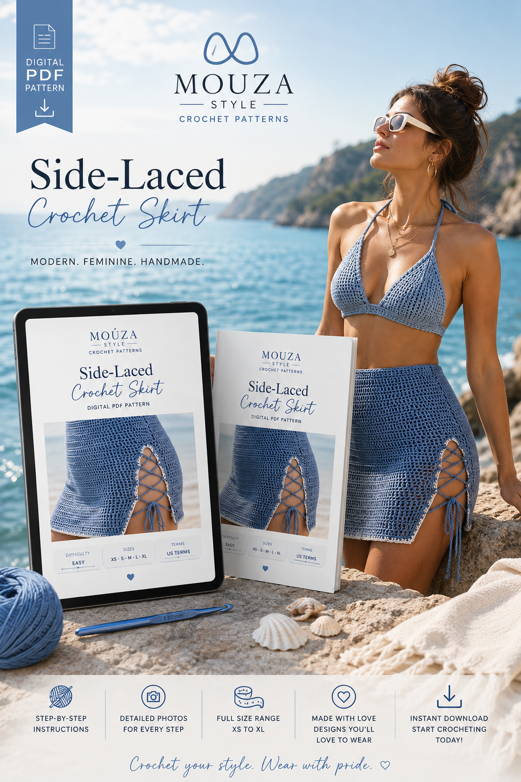 Side-Laced Crochet Skirt Pattern PDF – Adjustable Women’s Mini Skirt