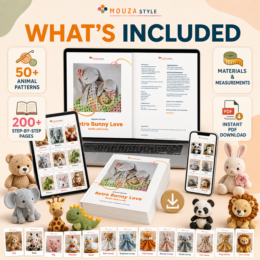 50 Animal Crochet Patterns Bundle PDF – 100-Page Amigurumi Collection, Bunny Lovey & Rattle, Instant Digital Download