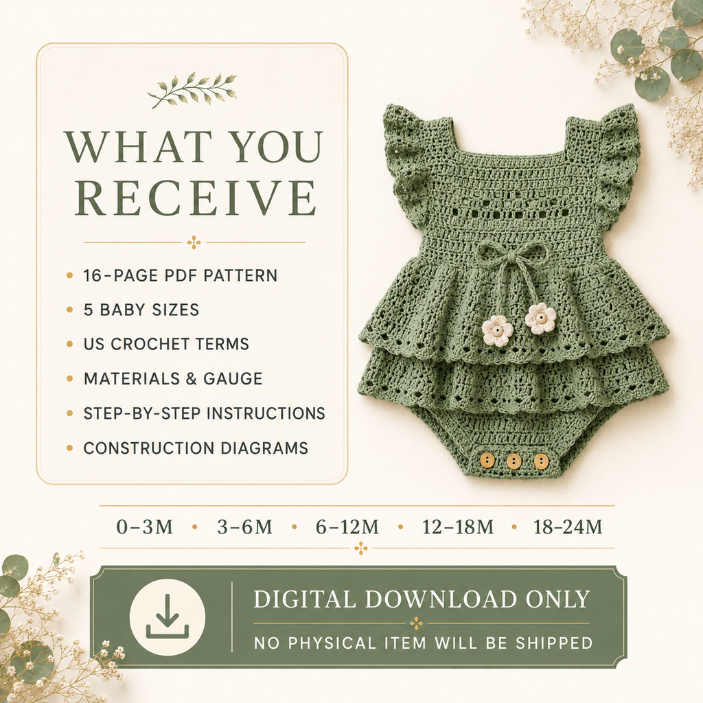 Sage Blossom Baby Romper Crochet Pattern PDF, Baby Dress with Lace Ruffles, Digital Download, 5 Sizes 0–24 Months