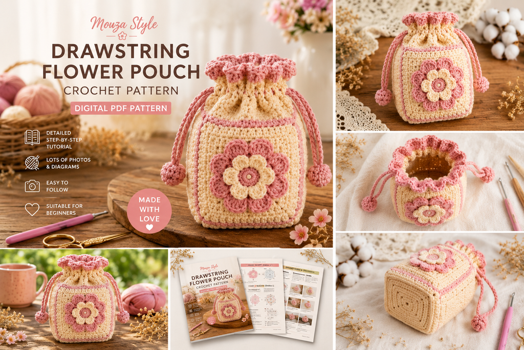Drawstring Flower Pouch Crochet Pattern PDF, Floral Crochet Bag Pattern, Cute Granny Square Pouch, Beginner Crochet Pattern, Digital Download