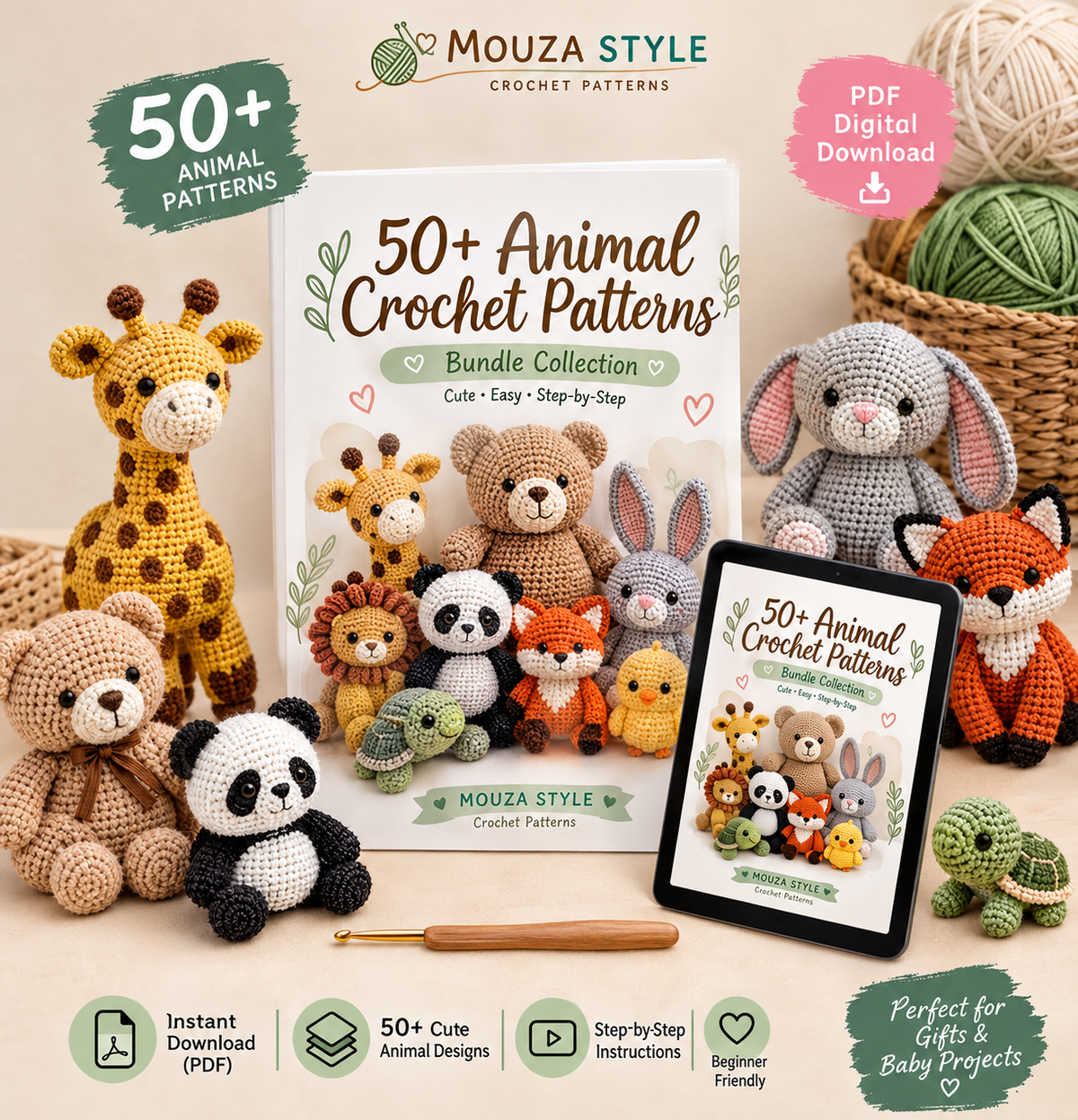 50 Animal Crochet Patterns Bundle PDF – 100-Page Amigurumi Collection, Bunny Lovey & Rattle, Instant Digital Download