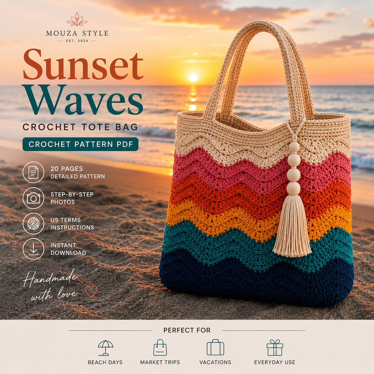 SSunset Waves Crochet Tote Bag Pattern PDF – Colorful Boho Market Bag, Summer Beach Bag Crochet Pattern, Instant Digital Download